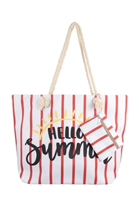 C1-HDG3927RD - HELLO SUMMER STRIPED TOTE BAG WITH MATCHING WALLET-RED/6PCS (NOW $4.75 ONLY!)