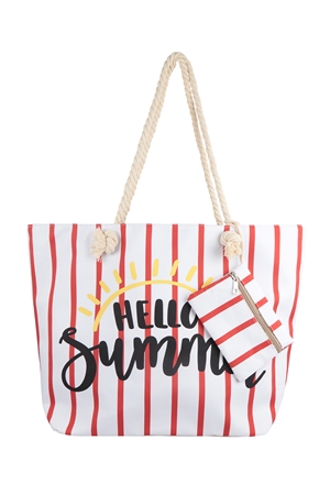 S27-9-1-HDG3927RD - HELLO SUMMER STRIPED TOTE BAG WITH MATCHING WALLET-RED/6PCS (NOW $4.75 ONLY!)