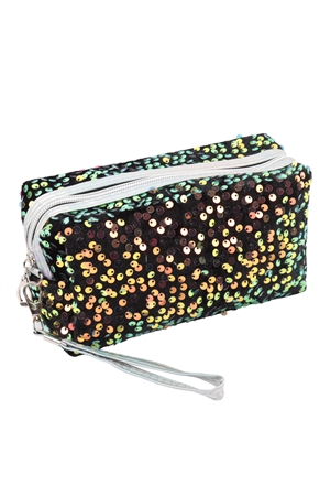 S29-7-2-HDG3975BK - SEQUIN GLITTER COSMETIC POUCH-BLACK/6PCS