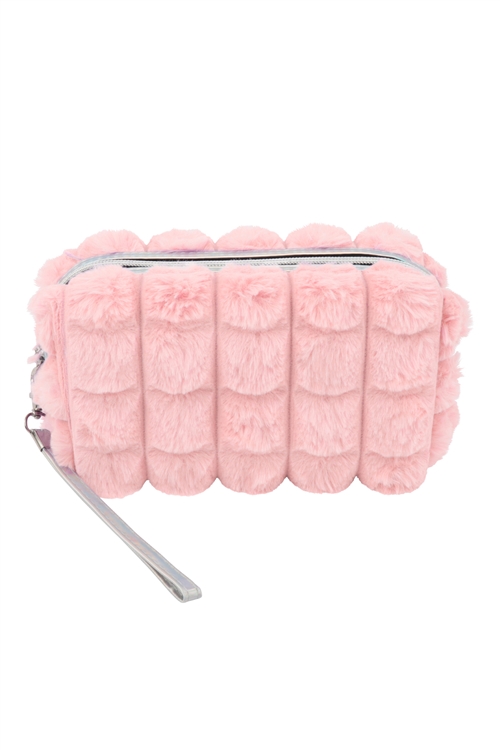 S3-4-3-HDG3977PK - FAUX FUR QUILTED POUCH-PINK/6PCS