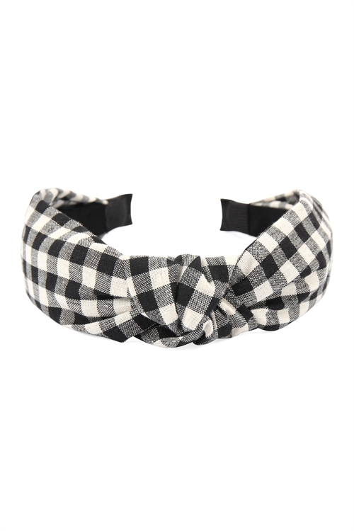 S20-10-2-HDH2368BK BLACK PLAID KNOTTED FABRIC COATED HAIR BAND/6PCS