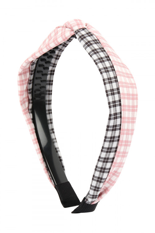 SA4-2-1-HDH2370PK PINK TWO TONE PLAID KNOTTED FABRIC COATED HAIR BAND/6PCS