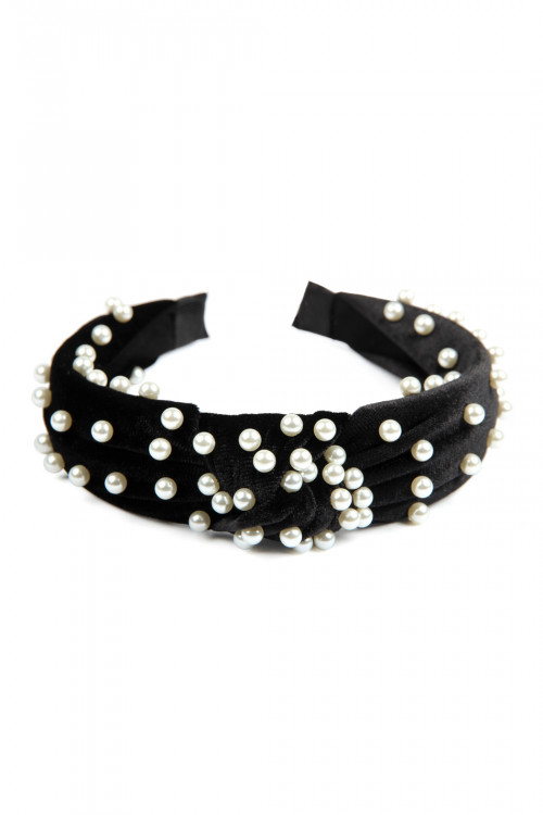 S3-4-2-HDH2544BK BLACK FABRIC HEAD BAND WITH PEARL BEADS/6PCS