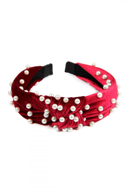 S3-8-4-HDH2544RD RED FABRIC HEAD BAND WITH PEARL BEADS/6PCS