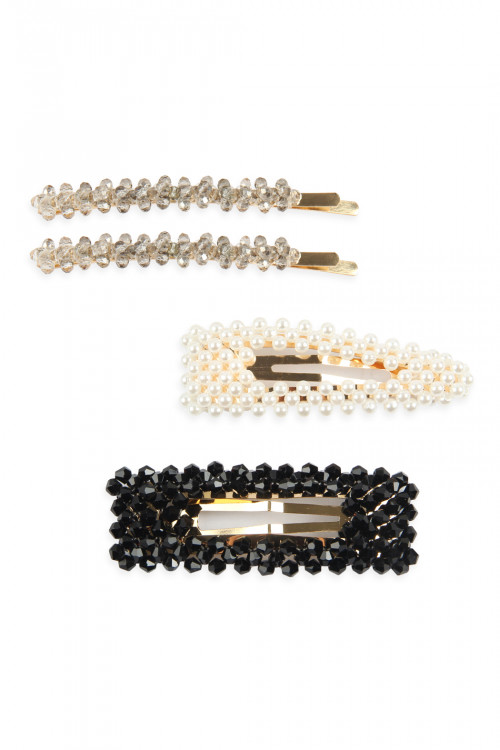 S19-8-1-HDH2623BK BLACK GLASS BEADS AND PEARL HAIR PIN SETS/6SETS (NOW $1.75 ONLY!)