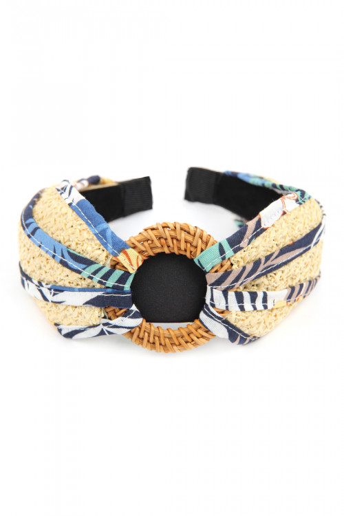 SA3-3-3-HDH2631BL BLUE KNOTTED RAFFIA WITH FABRIC HEADBAND/6PCS  (NOW $2.50 ONLY!)