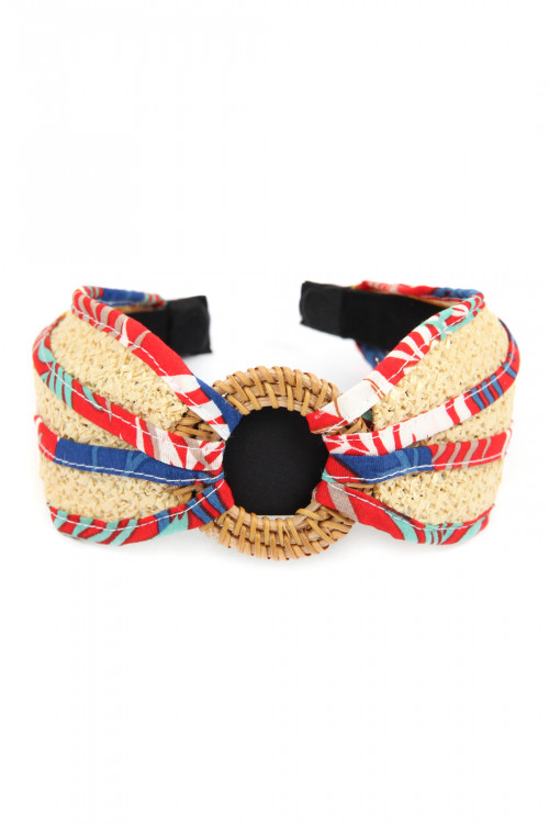 SA3-3-3-HDH2631RD RED KNOTTED RAFFIA WITH FABRIC HEADBAND/6PCS (NOW $2.50 ONLY!)