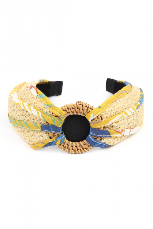 SA3-3-3-HDH2631YW YELLOW KNOTTED RAFFIA WITH FABRIC HEADBAND/6PCS (NOW $2.50 ONLY!)