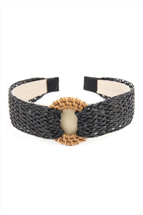 SA3-2-3-HDH2633BK-1 BLACK WEAVED FIBER WITH DISC WEAVED RAFFIA HEADBAND/1PC (NOW $2.50 ONLY!)