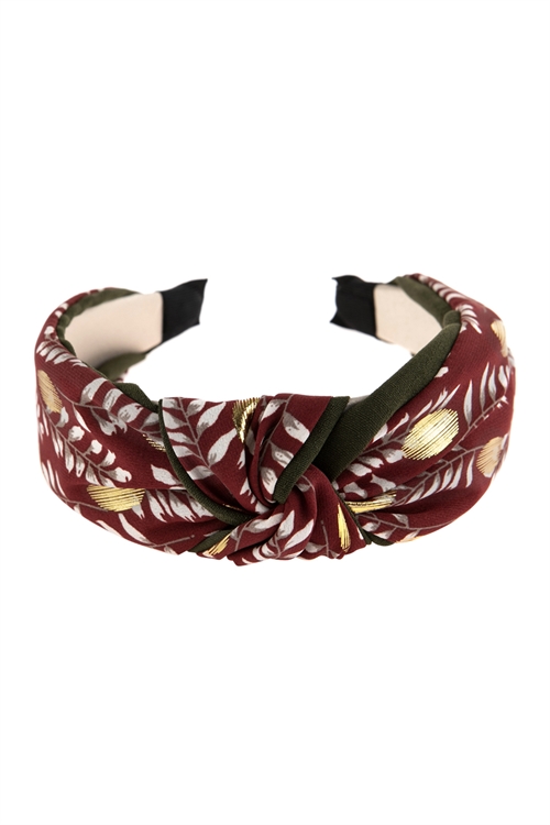 S5-5-5-HDH2797BU BURGUNDY FLORAL WITH GOLD PRINT KNOTTED FABRIC HEADBAND/6PCS