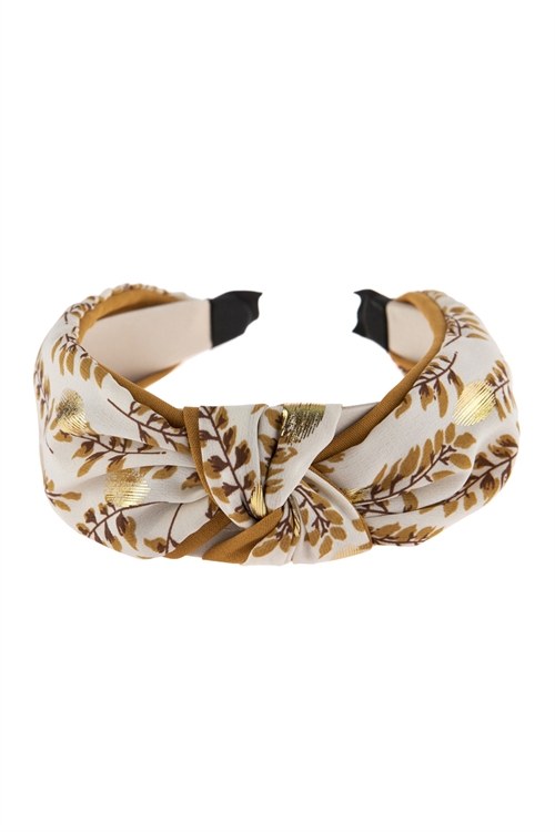 S5-5-5-HDH2797NA NATURAL FLORAL WITH GOLD PRINT KNOTTED FABRIC HEADBAND/6PCS