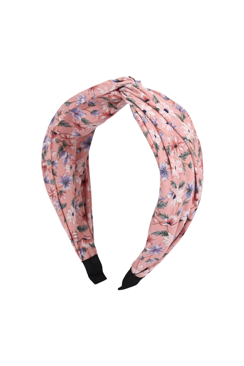 S29-1-3-HDH3252PK-KNOTTED FLORAL FABRIC COATED HEAD BAND-PINK/6PCS (NOW $1.00 ONLY!)