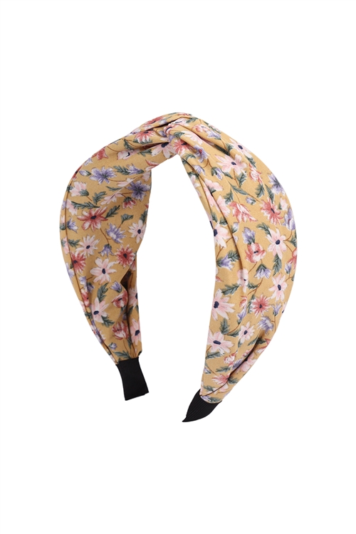 S29-1-5-HDH3252YW-KNOTTED FLORAL FABRIC COATED HEAD BAND-YELLOW/6PCS (NOW $1.00 ONLY!)