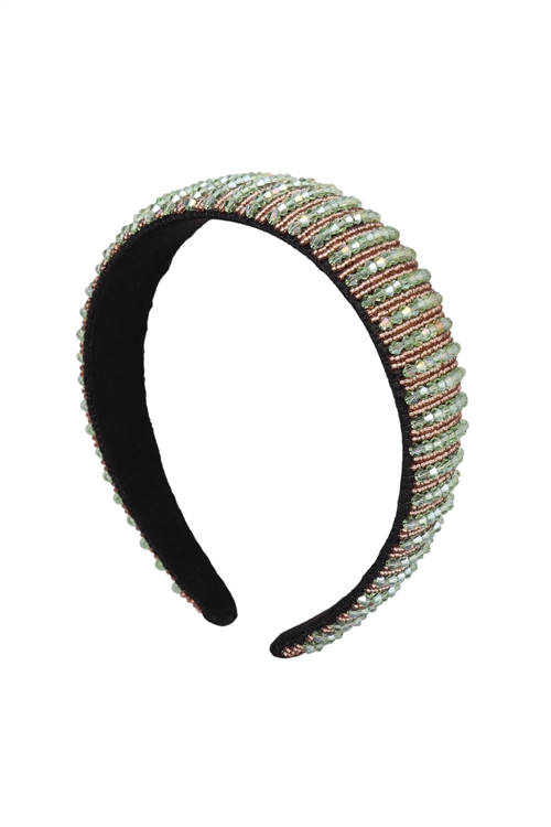 S29-2-1-HDH3299GR-CRYSTAL BEADS COATED HEAD BAND-GREEN/6PCS