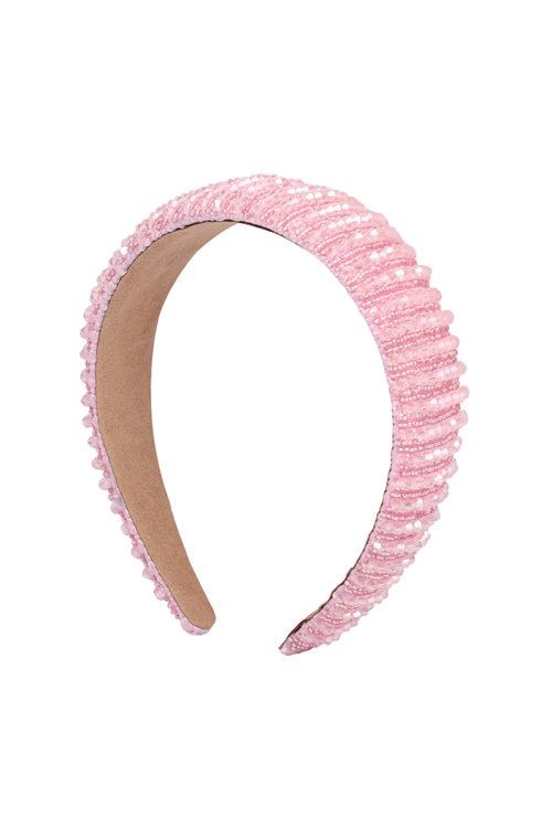 S29-2-1-HDH3299PK-CRYSTAL BEADS COATED HEAD BAND-PINK/6PCS