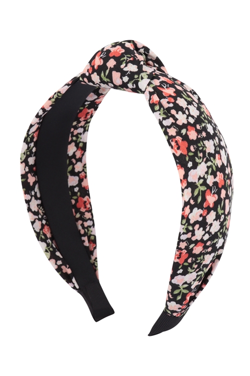 S28-4-4-HDH3705BK - FLORAL PRINT KNOTTED HEADBAND HAIR ACCESSORIES - BLACK/6PCS