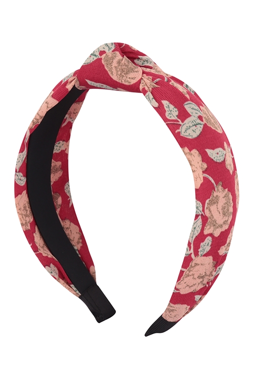 S26-1-5-HDH3707RD - FLOWER PRINT KNOTTED HEADBAND HAIR ACCESSORIES - RED/6PCS
