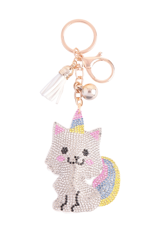 S22-8-6-HDK3722-1 - CUTE CAT RHINESTONE TASSEL KEYCHAIN-WHITE/6PCS