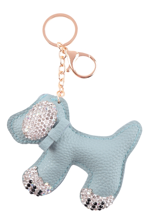 S27-4-4-HDK3724BL - LEATHER PUPPY W/ RHINESTONE KEYCHAIN - BLUE/6PCS