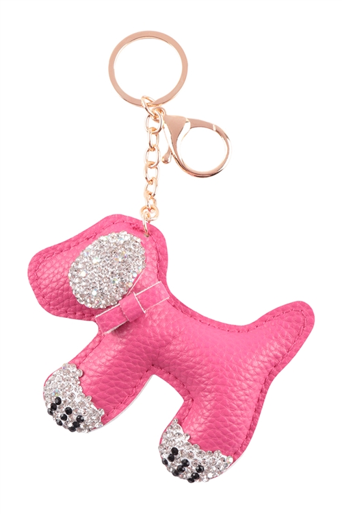 S27-4-4-HDK3724HPK - LEATHER PUPPY W/ RHINESTONE KEYCHAIN - HOT PINK/6PCS