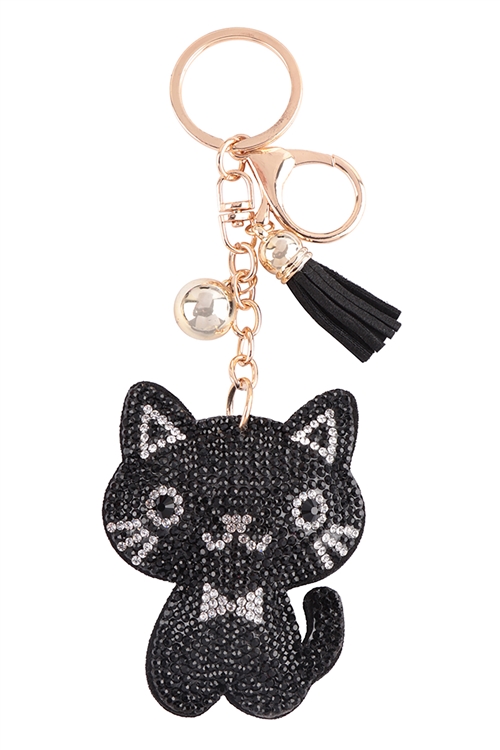 S21-9-5-HDK3733BK - CUTE CAT RHINESTONE TASSEL KEYCHAIN-BLACK/6PCS