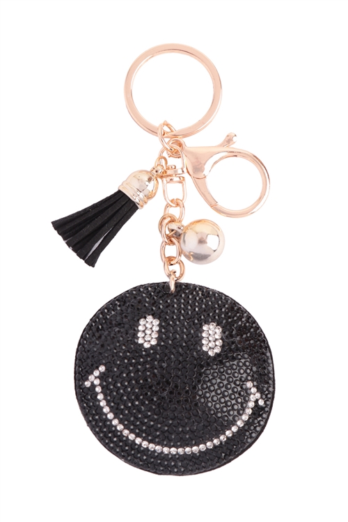 S24-7-5-HDK3736BK - SMILEY RHINESTONE TASSEL KEYCHAIN-BLACK/6PCS