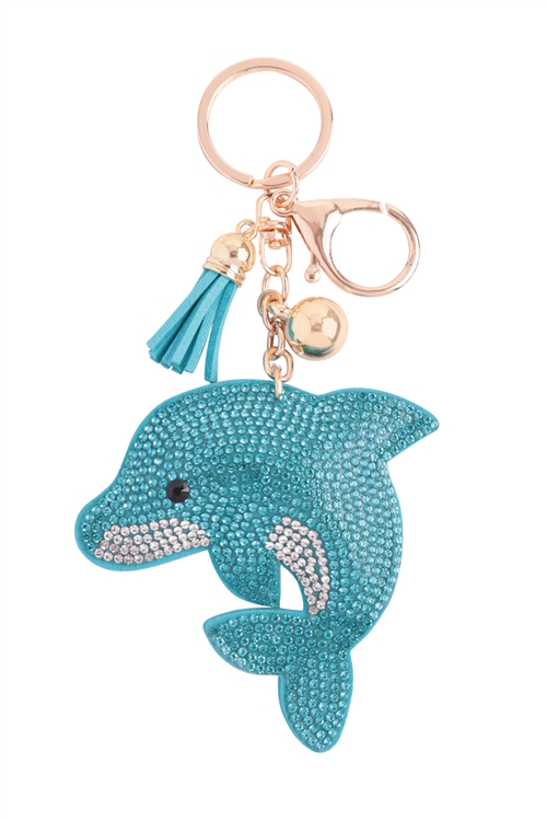 S19-8-3-HDK3737BL - DOLPHIN RHINESTONE TASSEL KEYCHAIN-BLUE/6PCS