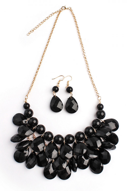 S20-3-2-HDN1212BK BLACK TEARDROP BUBBLE BIB NECKLACE AND EARRING SET/6SETS