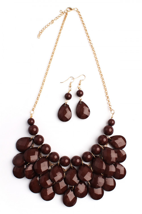 SA4-3-1-HDN1212BR BROWN TEARDROP BUBBLE BIB NECKLACE AND EARRING SET/6SETS