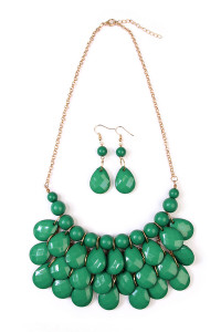 S21-5-1-HDN1212CGR GREEN TEARDROP BUBBLE BIB NECKLACE AND EARRING SET/6SETS