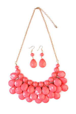 S20-2-3-HDN1212CO CORAL TEARDROP BUBBLE BIB NECKLACE AND EARRING SET/6SETS