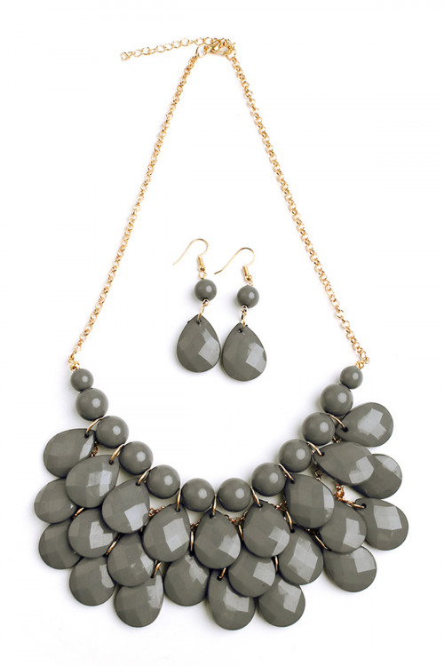 S20-2-3-HDN1212DGY DARK GRAY TEARDROP BUBBLE BIB NECKLACE AND EARRING SET/6SETS