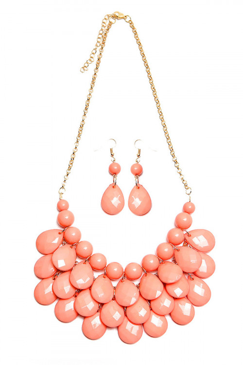 S19-8-1-HDN1212DPK DUSTY PINK TEARDROP BUBBLE BIB NECKLACE AND EARRING SET/6SETS