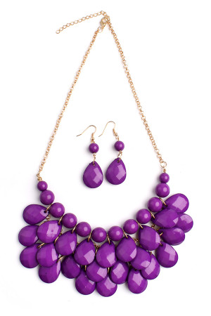 S20-2-3-HDN1212DPU PURPLE TEARDROP BUBBLE BIB NECKLACE AND EARRING SET/6SETS