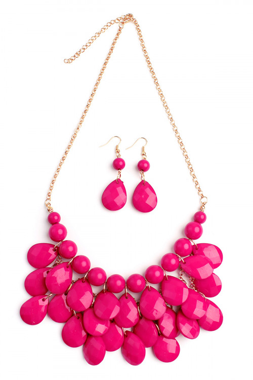 S29-3-1-HDN1212HPK HOT PINK TEARDROP BUBBLE BIB NECKLACE AND EARRING SET/6SETS