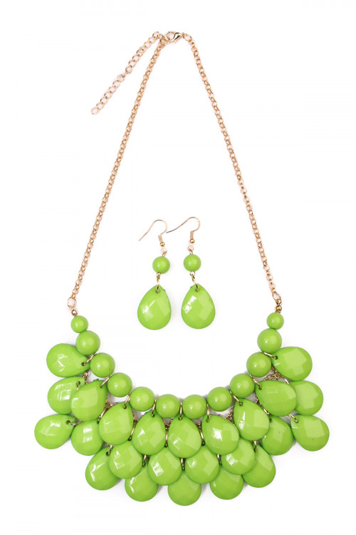 S7-6-4-HDN1212LGR LIME GREEN TEARDROP BUBBLE BIB NECKLACE AND EARRING SET/6SETS