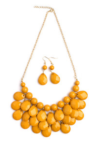 S20-3-3-HDN1212MU - EARDROP BUBBLE BIB NECKLACE AND EARRING SET-MUSTARD/6PCS