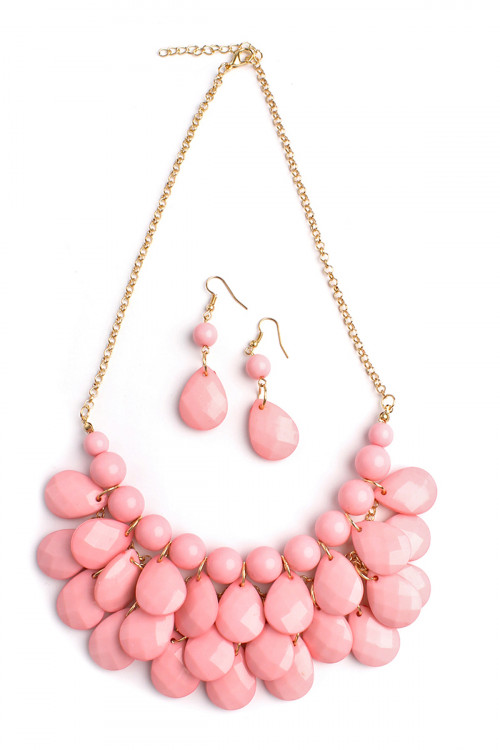 S23-3-4-HDN1212PK PINK TEARDROP BUBBLE BIB NECKLACE AND EARRING SET/6SETS