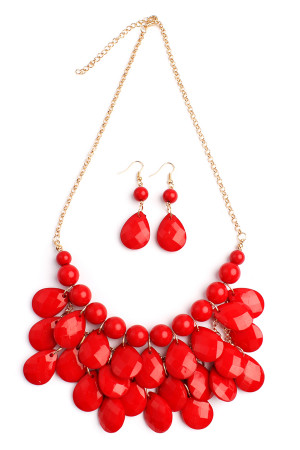 SA4-3-1-HDN1212RD RED TEARDROP BUBBLE BIB NECKLACE AND EARRING SET/6SETS