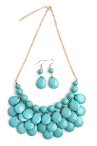 S17-4-1-HDN1212TRQ TURQUOISE TEARDROP BUBBLE BIB NECKLACE AND EARRING SET/6SETS