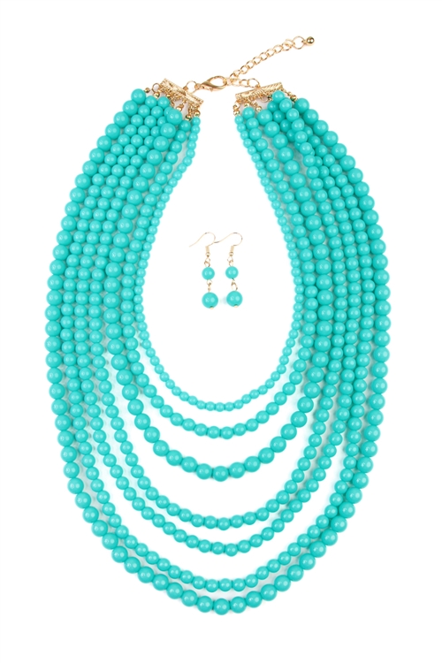 S18-11-3-HDN1365DTQ MULTILAYER ACRYLIC TURQUOISE NECKLACE & EARRING SET/6SETS