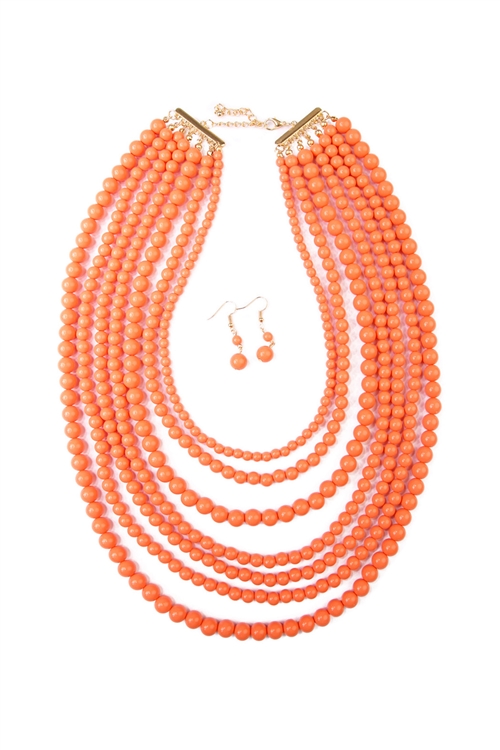 S6-6-4-HDN1365PE MULTILAYER ACRYLIC PEACH NECKLACE & EARRING SET/6SETS