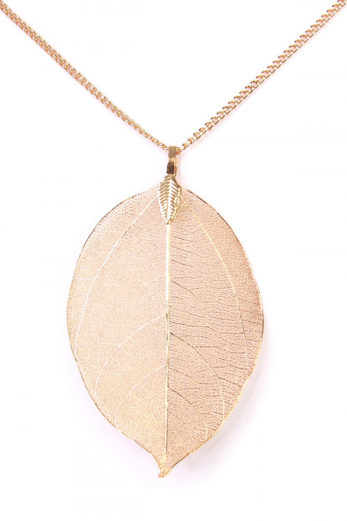 A2-3-5-HDN1513LG LIGHT GOLD LARGE LEAF PENDANT NECKLACE/6PCS