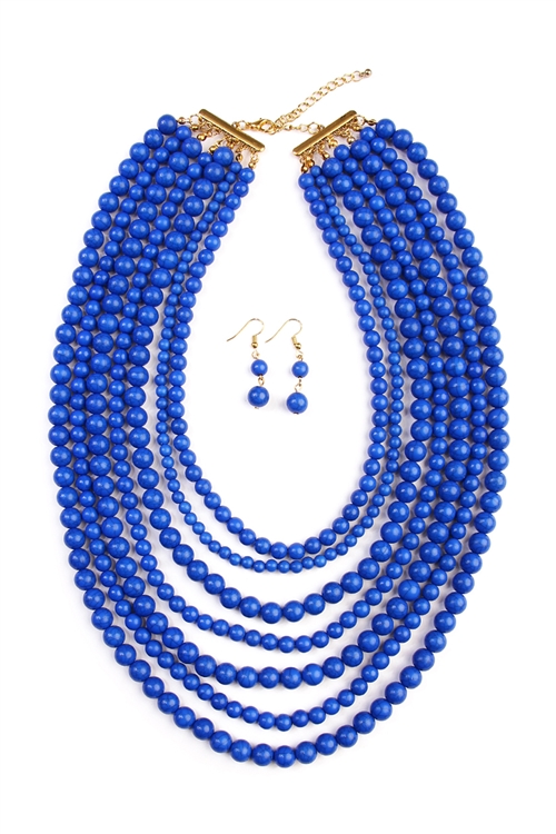 S27-5-1-HDN1519BL BLUE BEAD STRAND NECKLACE AND EARRING SET/6PCS