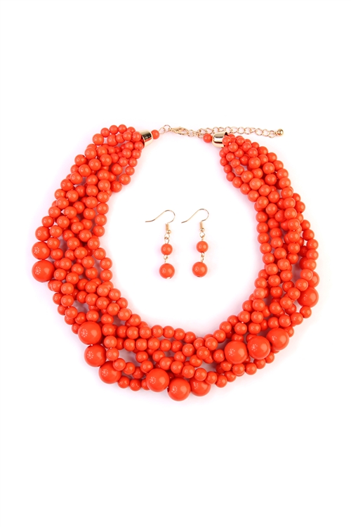 S26-9-3-HDN2162CO CORAL MULTI STRAND BUBBLE CHOKER NECKLACE AND EARRING SET/6SETS