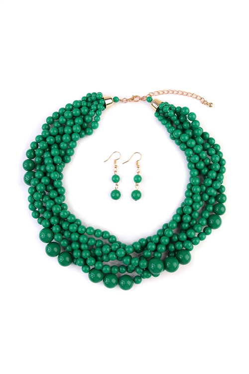 S20-12-2-HDN2162DEM DARK EMERALD MULTI STRAND BUBBLE CHOKER NECKLACE AND EARRING SET/6SETS