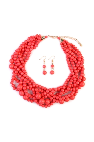 S20-9-3-HDN2162DPK DUSTY PINK MULTI STRAND BUBBLE CHOKER NECKLACE AND EARRING SET/6SETS