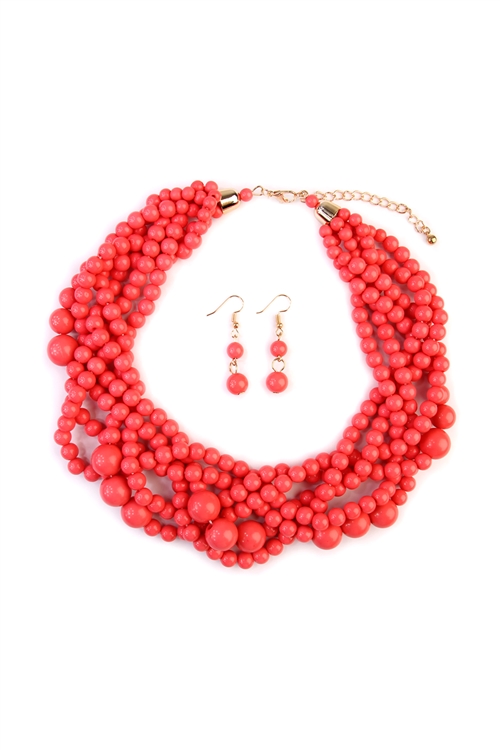 S20-9-3-HDN2162DPK DUSTY PINK MULTI STRAND BUBBLE CHOKER NECKLACE AND EARRING SET/6SETS