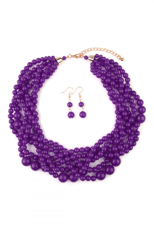 S6-6-1-HDN2162DPU DARK PURPLE MULTI STRAND BUBBLE CHOKER NECKLACE AND EARRING SET/6SETS