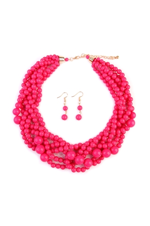 S26-9-1-HDN2162HPK HOT PINK MULTI STRAND BUBBLE CHOKER NECKLACE AND EARRING SET/6SETS